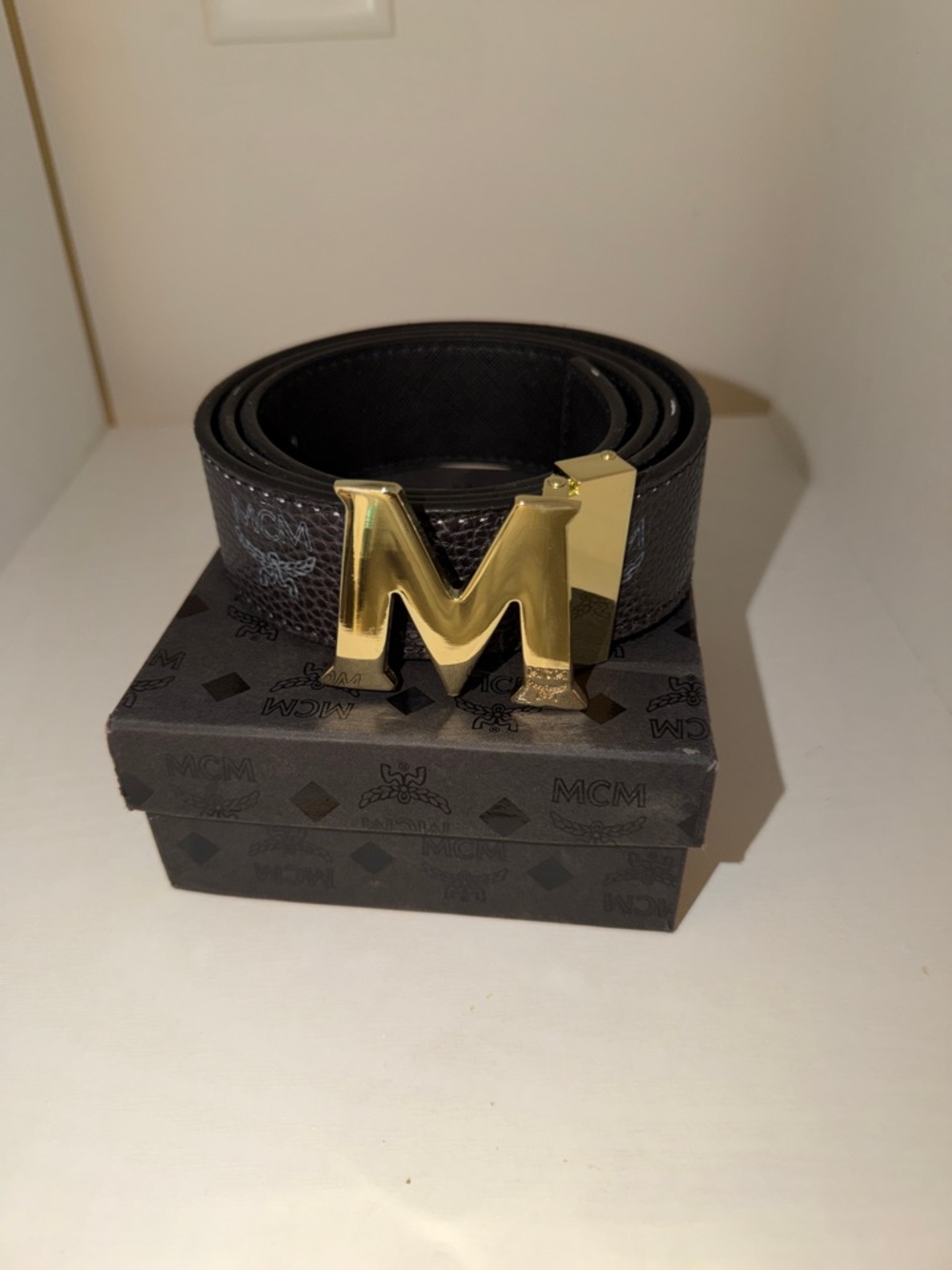 Size 115 MCM Black Monogram Belt with Gold M Buckle